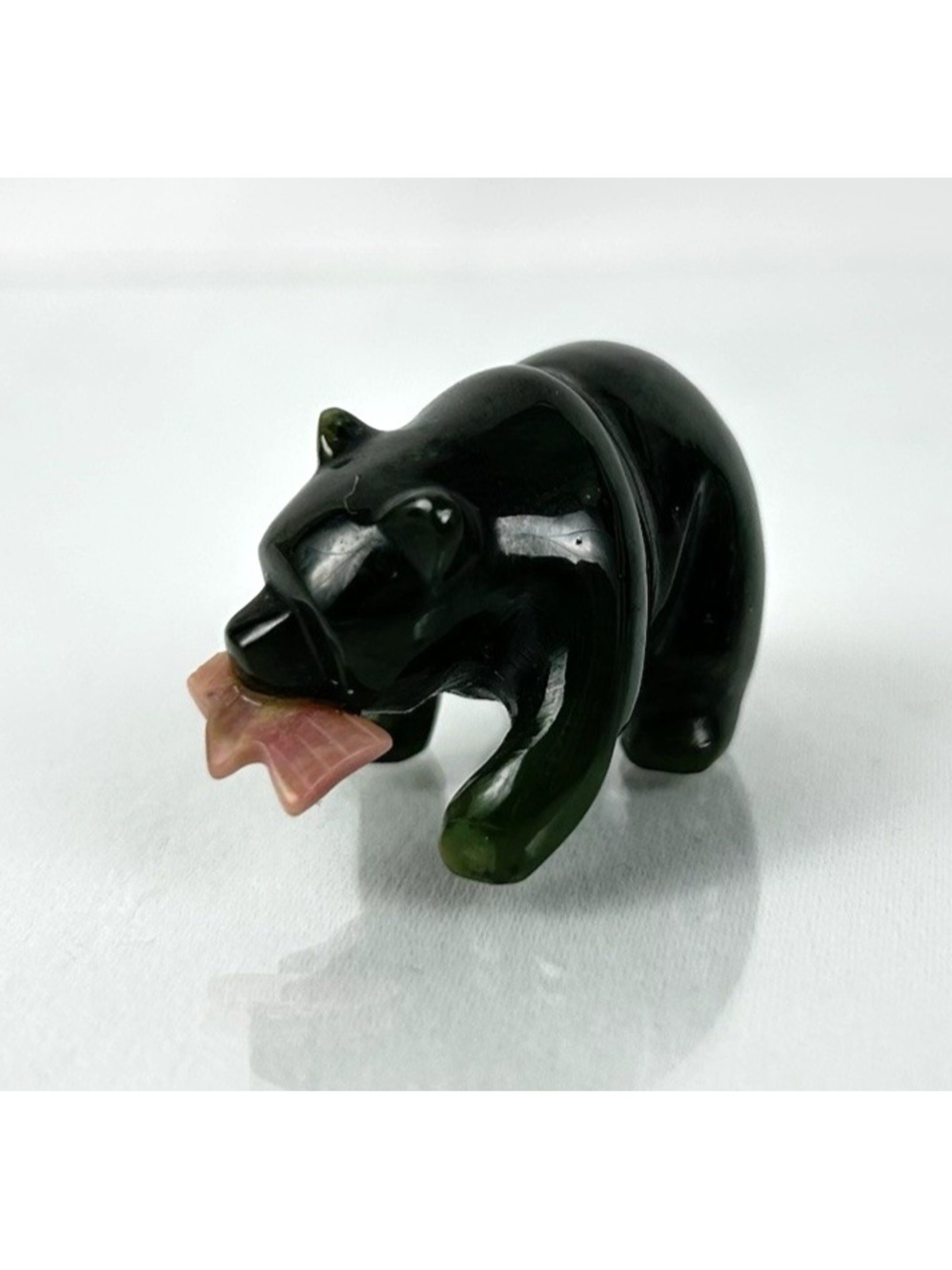 Jade Bear with Pink Salmon 1.5" Carving Dark Green Gemstone Figurine **Read**